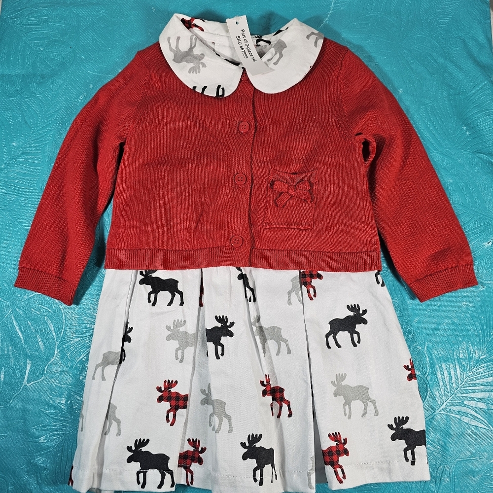 Goodlad Infant Moose Print Dress with Red Cardigan 18 month